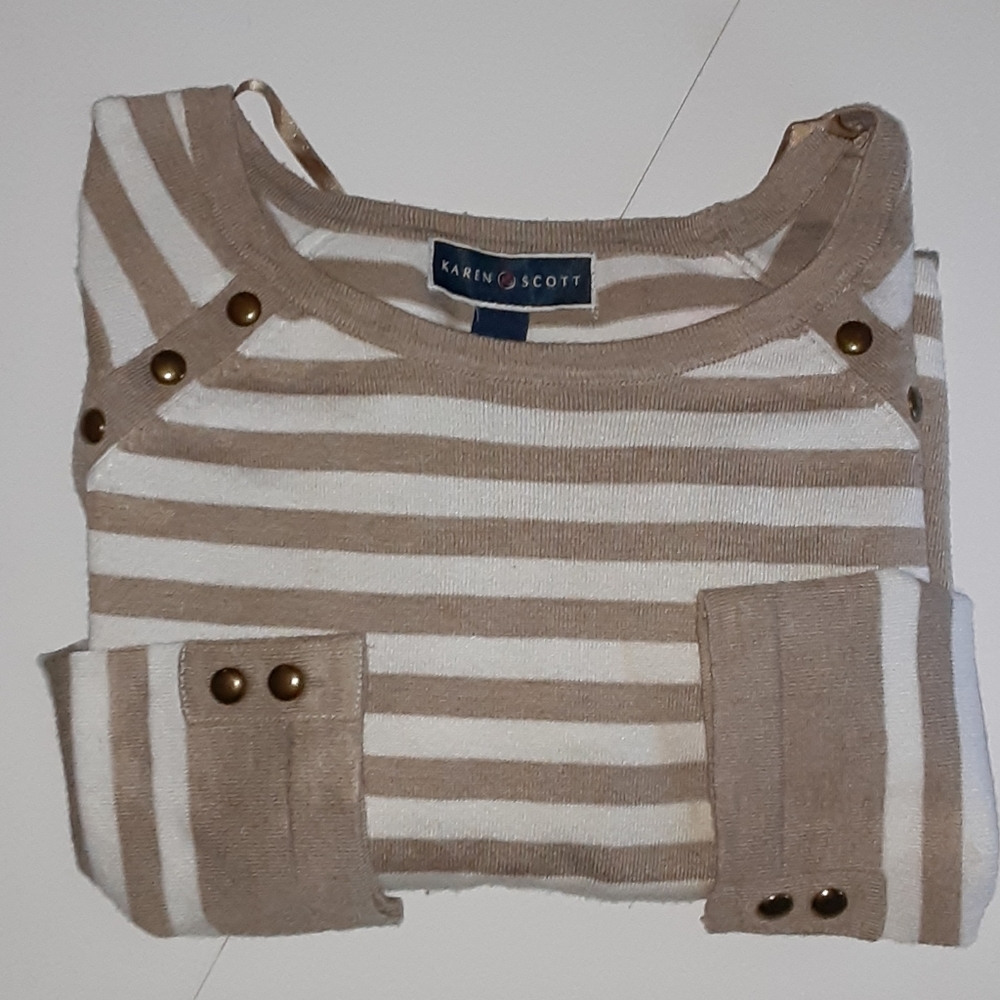 KAREN SCOTT Sweater Tan White Long Top MACYS. Size Large